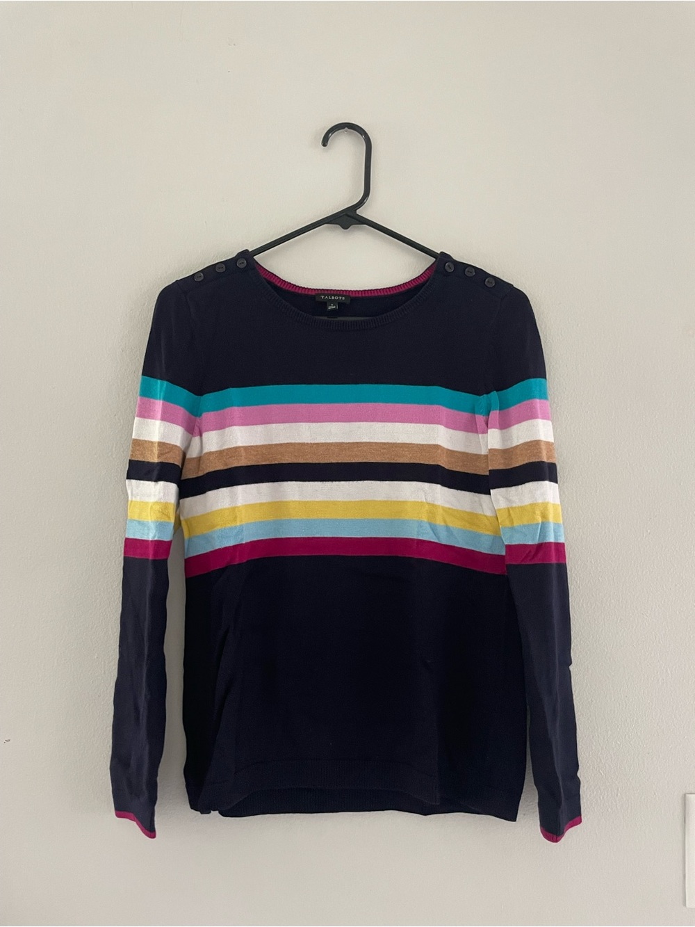 Talbots Navy Crewneck Sweater with Multicolor Stripes
